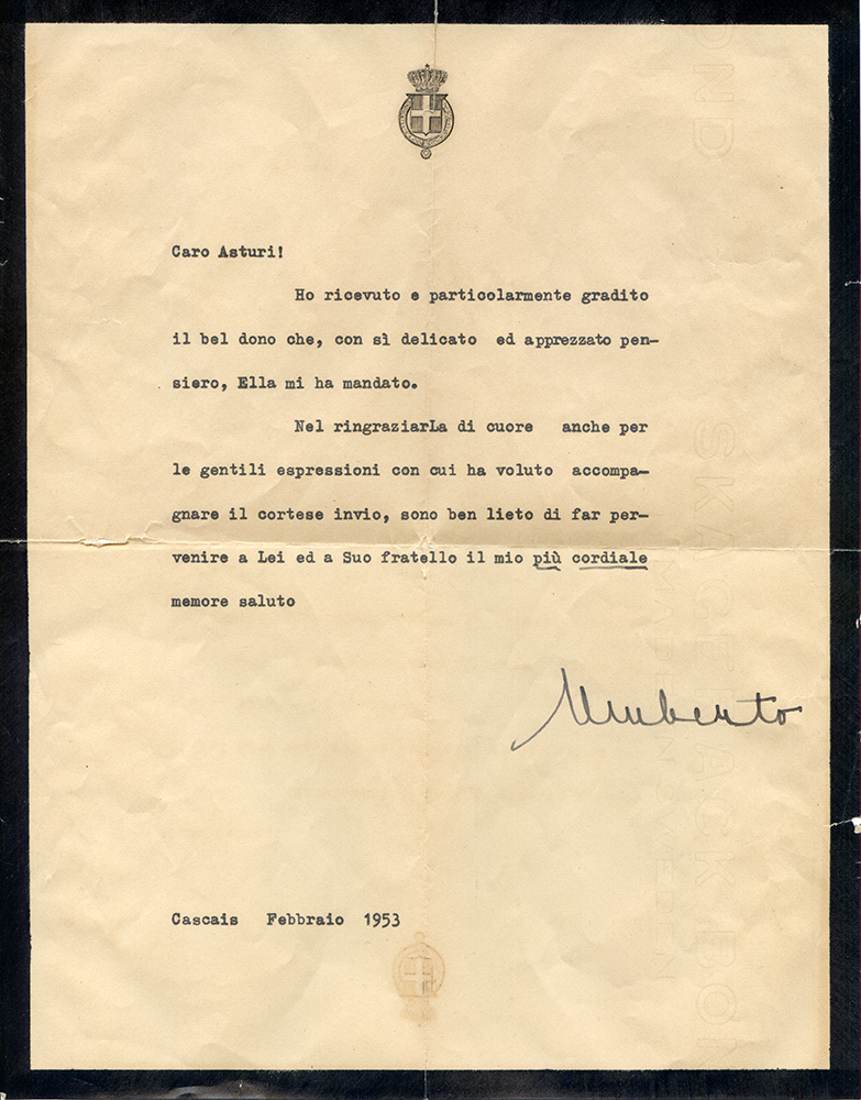 Lettera di ringraziamento di Umbero di Savoia a Michele Asturi per il torrone ricevuto